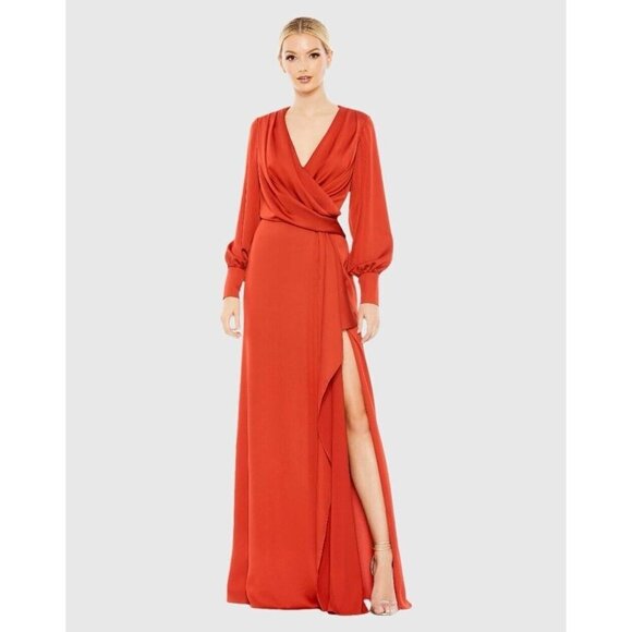 MAC DUGGAL Size 4 Orange SATIN RUCHED BISHOP SLEEVE Cocktail GOWN Dress $398 New - Picture 1 of 13